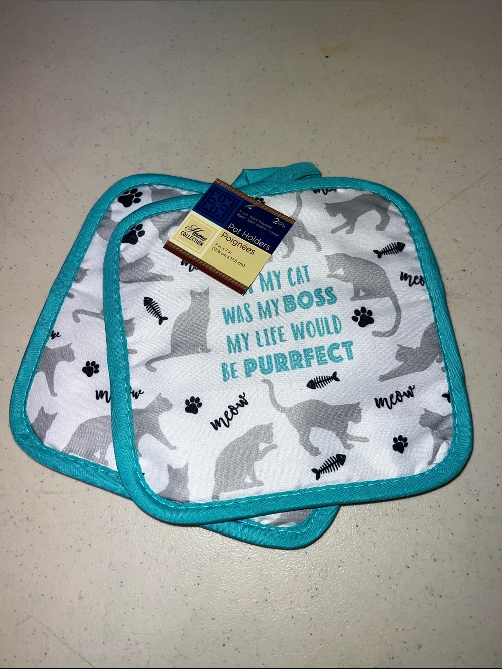 Cat-Themed Turquoise Trim Pot Holders - Set of 2